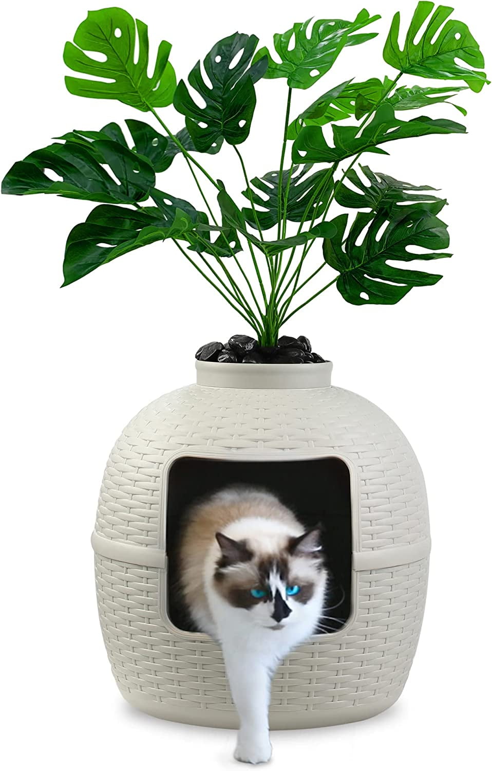 CozyHom Cat Enclosed Litter Box Furniture with Artificial Plant, Odor