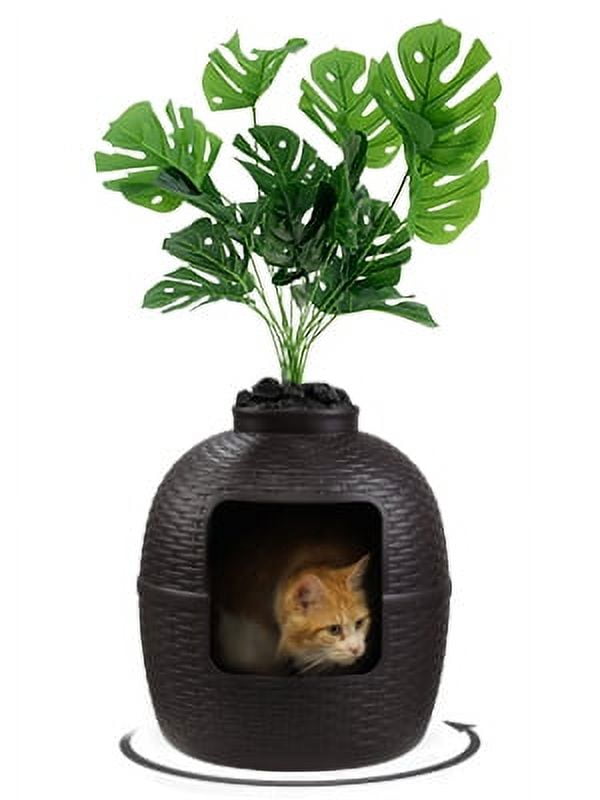 CozyHom Cat Litter Box Furniture with Artificial Plant Hidden, Ventilated Waterproof And Odor Resistant Carbon Filter And 3.3lbs Real Stone Block For Large Cats, Brown