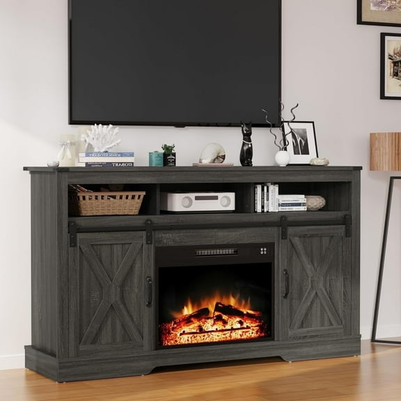 CozyHome Electric Fireplace TV Stand for 65"  TV, Farmhouse Entertainment Center with 23" Electric Fireplace with Remote, Modern Rustic TV Console with Sliding Bar Door for Living Room, Gray