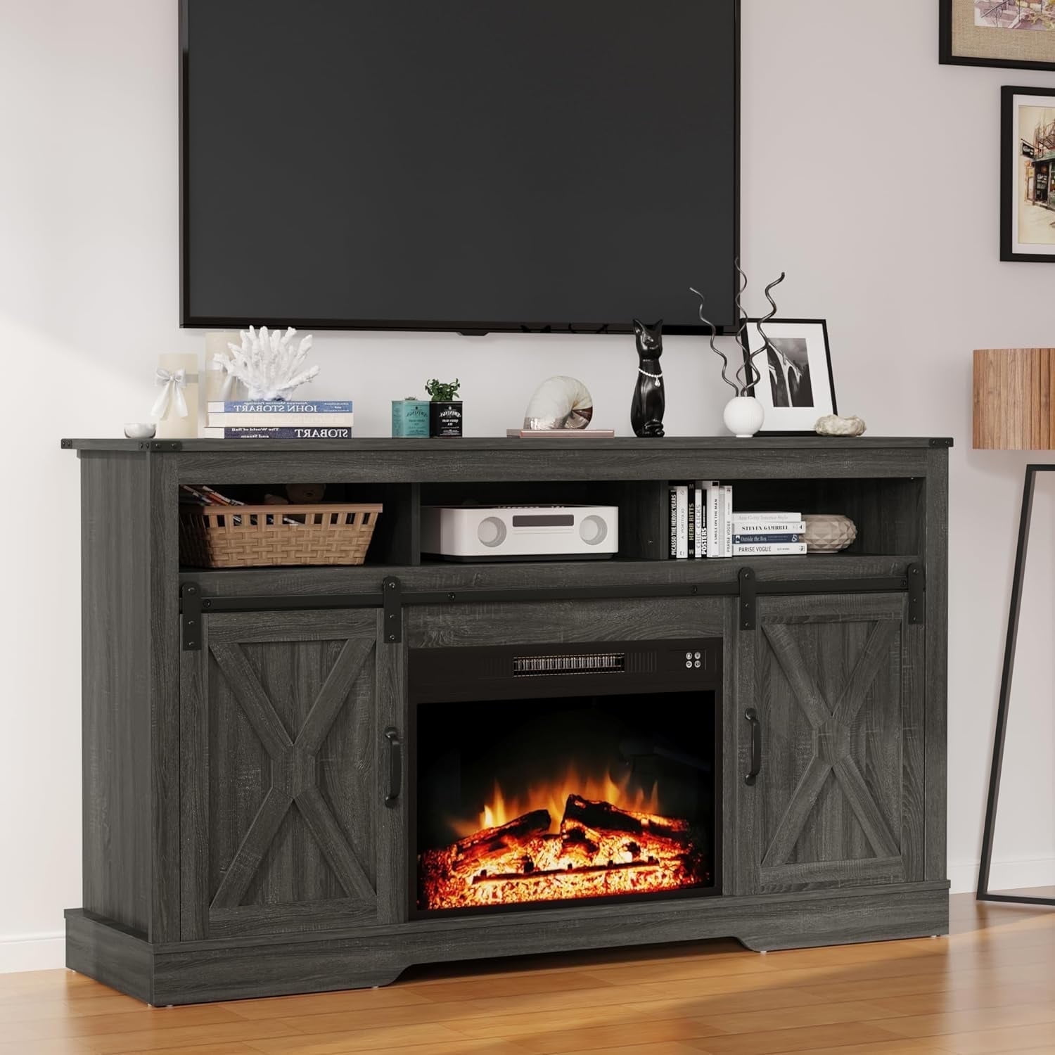 "CozyHom 65+ Inch TV Stand with 23"" Electric Fireplace, Farmhouse ...