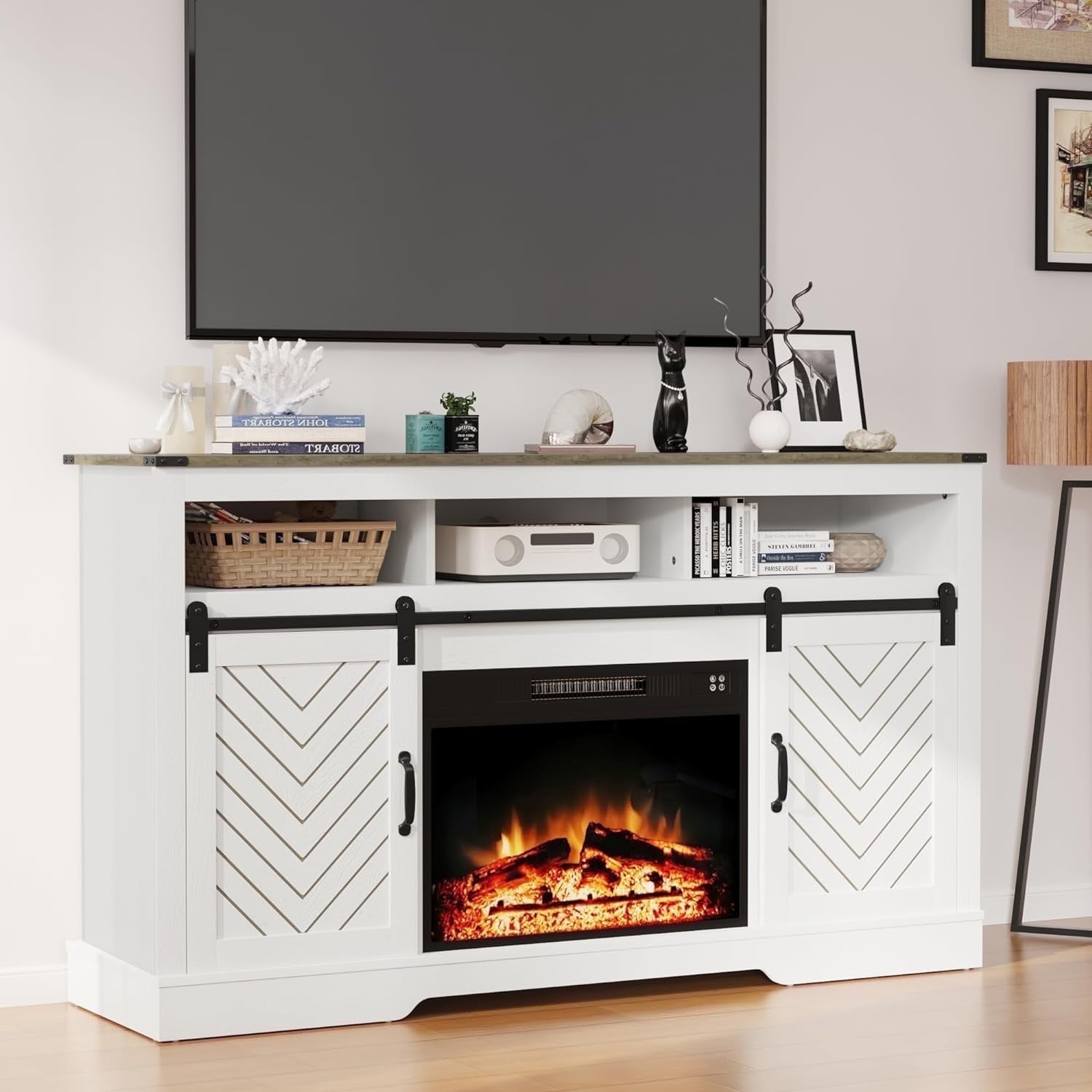 CozyHome Electric Fireplace TV Stand for 65"+ TV, Farmhouse Entertainment Center with 23" Electric Fireplace with Remote, Rustic TV Console with Sliding Bar Door for Living Room, Antique White