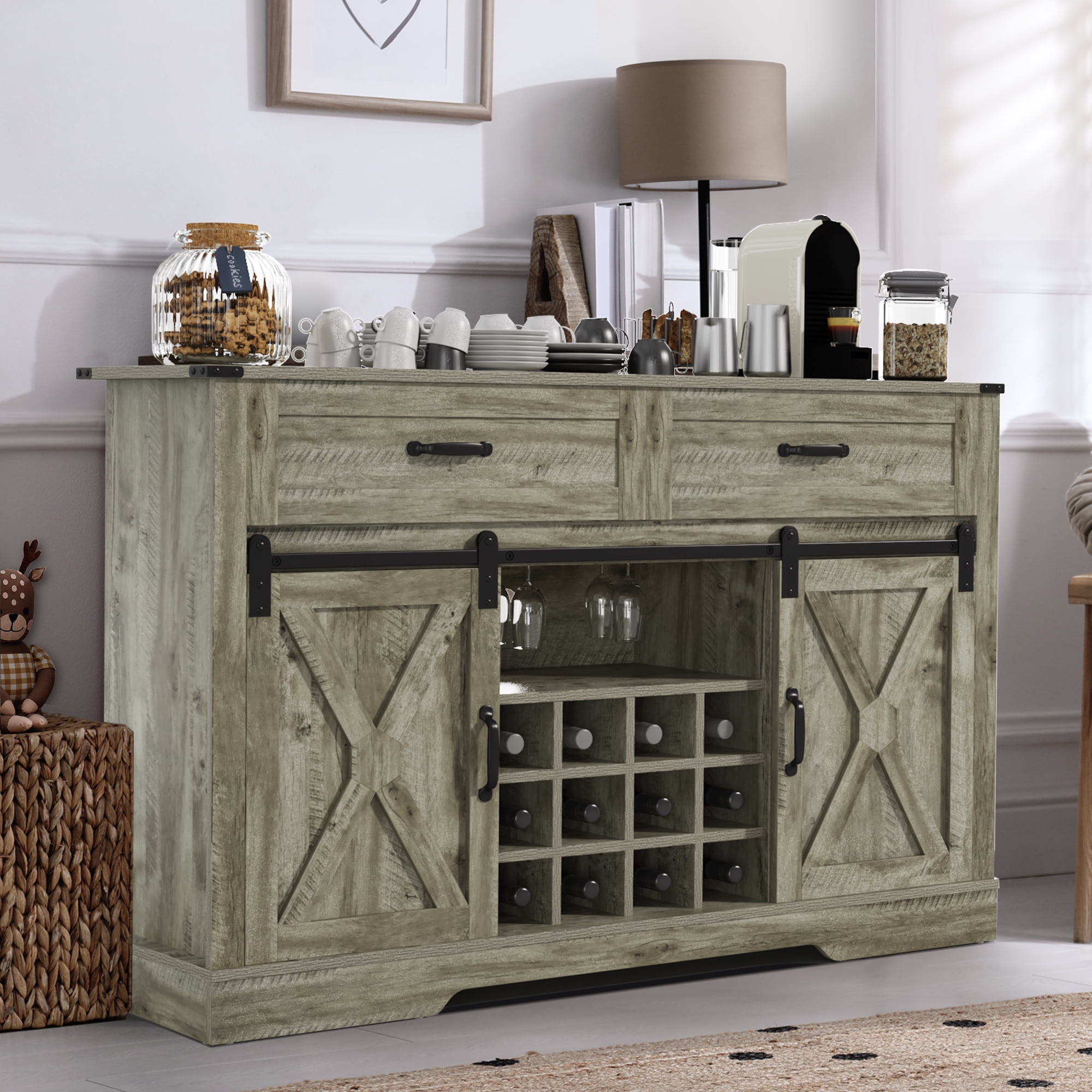 CozyHom Farmhouse Coffee Bar Cabinet Buffet Sideboard Cabinet With