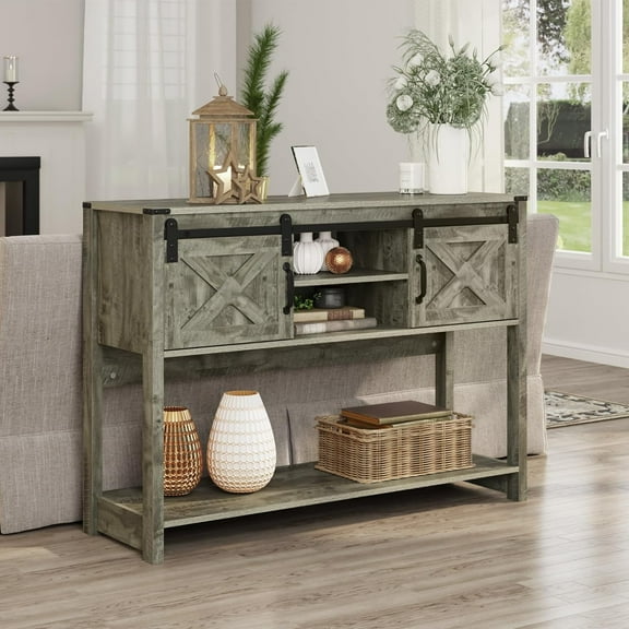 CozyHom Farmhouse Console Table with Storages&Shelves, Side Entryway Table With Sliding Barn Doors, Light Gray
