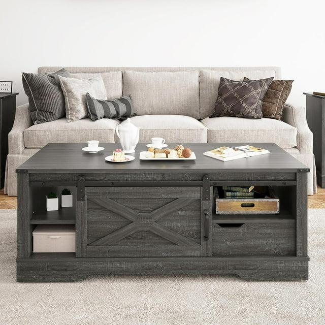 CozyHom Rustic Farmhouse Coffee Table with Storage Drawer, Sliding Barn