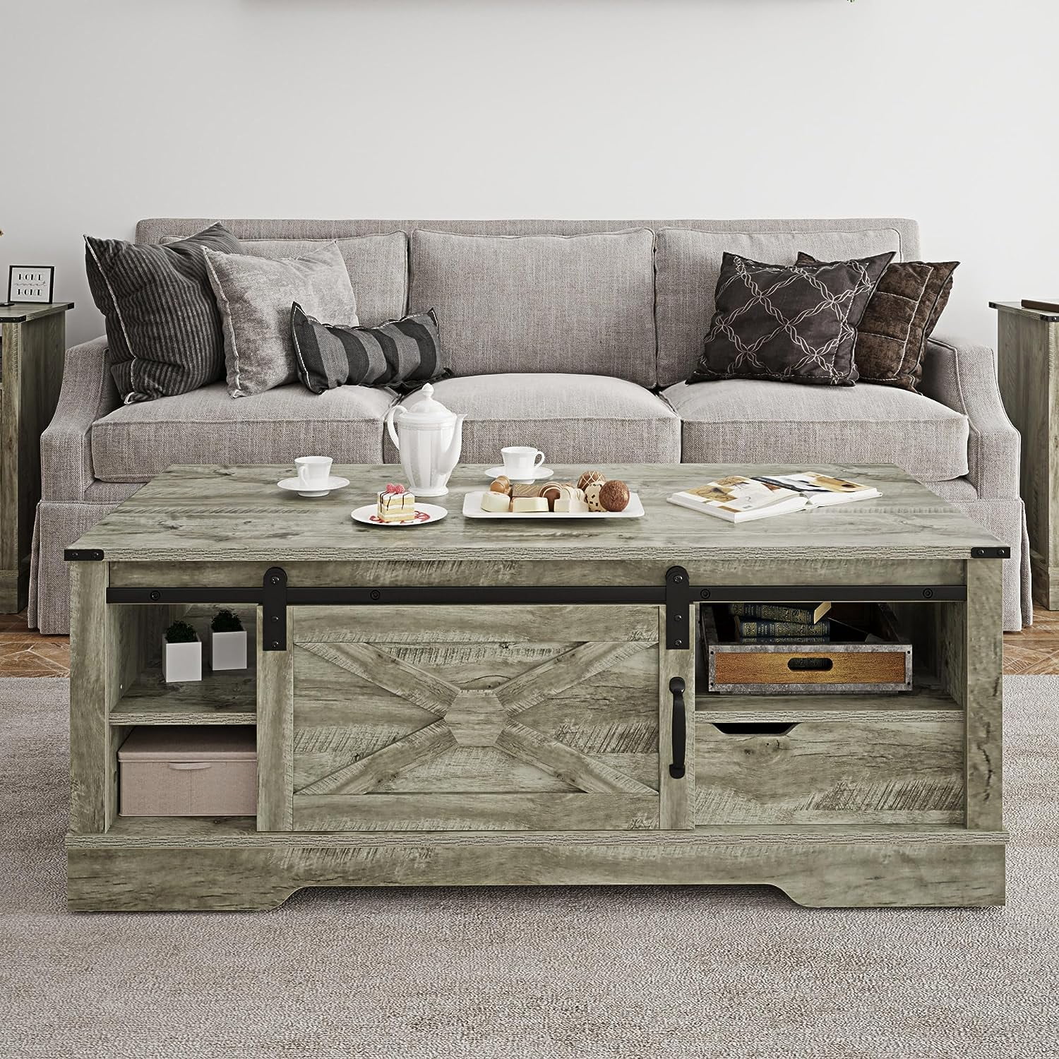 CozyHom Farmhouse Rectangular Coffee Table with Storage Drawer and