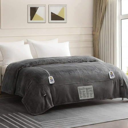 CozyHom King Size Electric Heated Blanket, Flannel Heating Throw Blanket Dual Control, Bed Blanket with 10 Heat Settings and Automatic Shut-Off Timer, Grey
