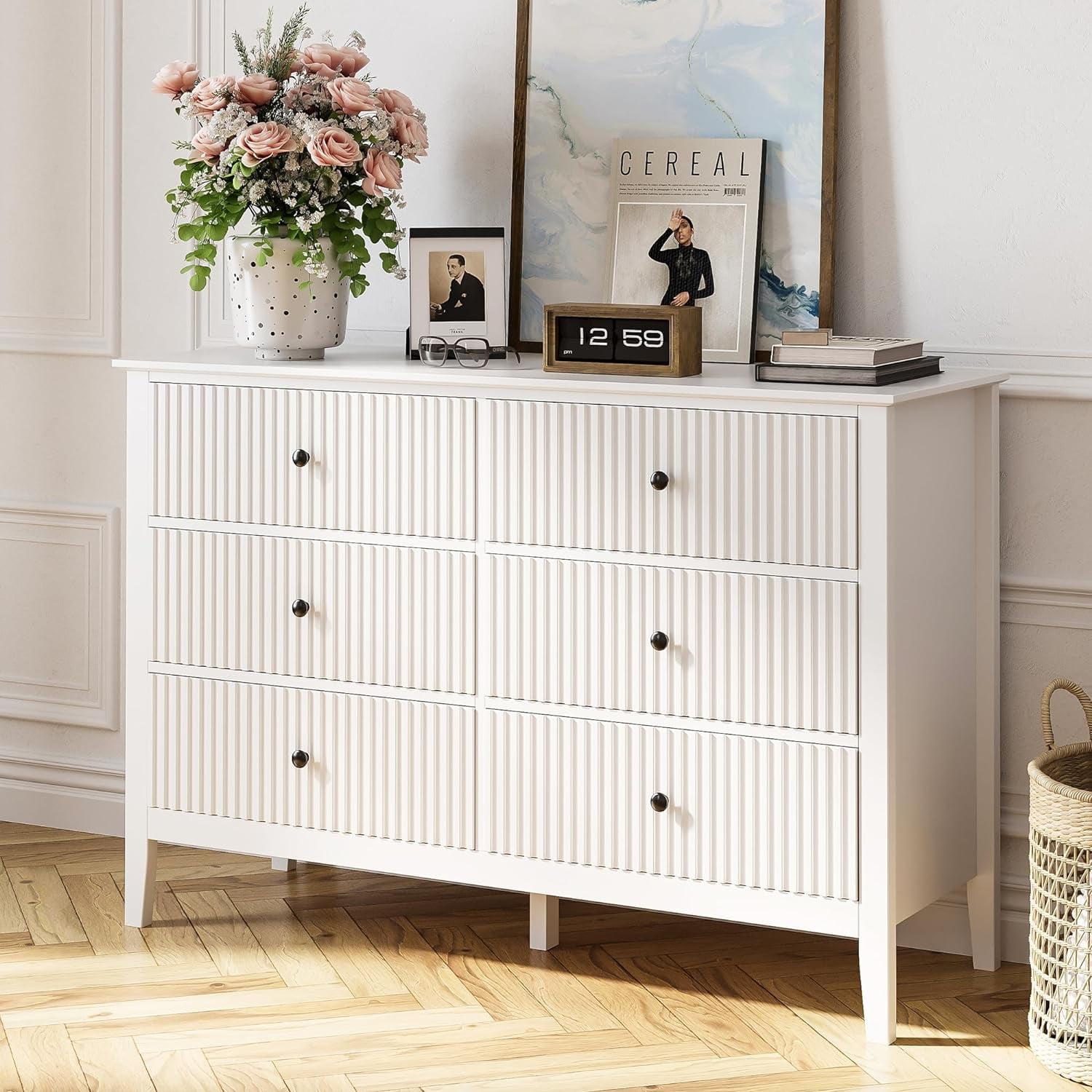 CozyHom Modern 6 Drawer White Dresser with Silent Slide Drawers, 47" Wide Chest of