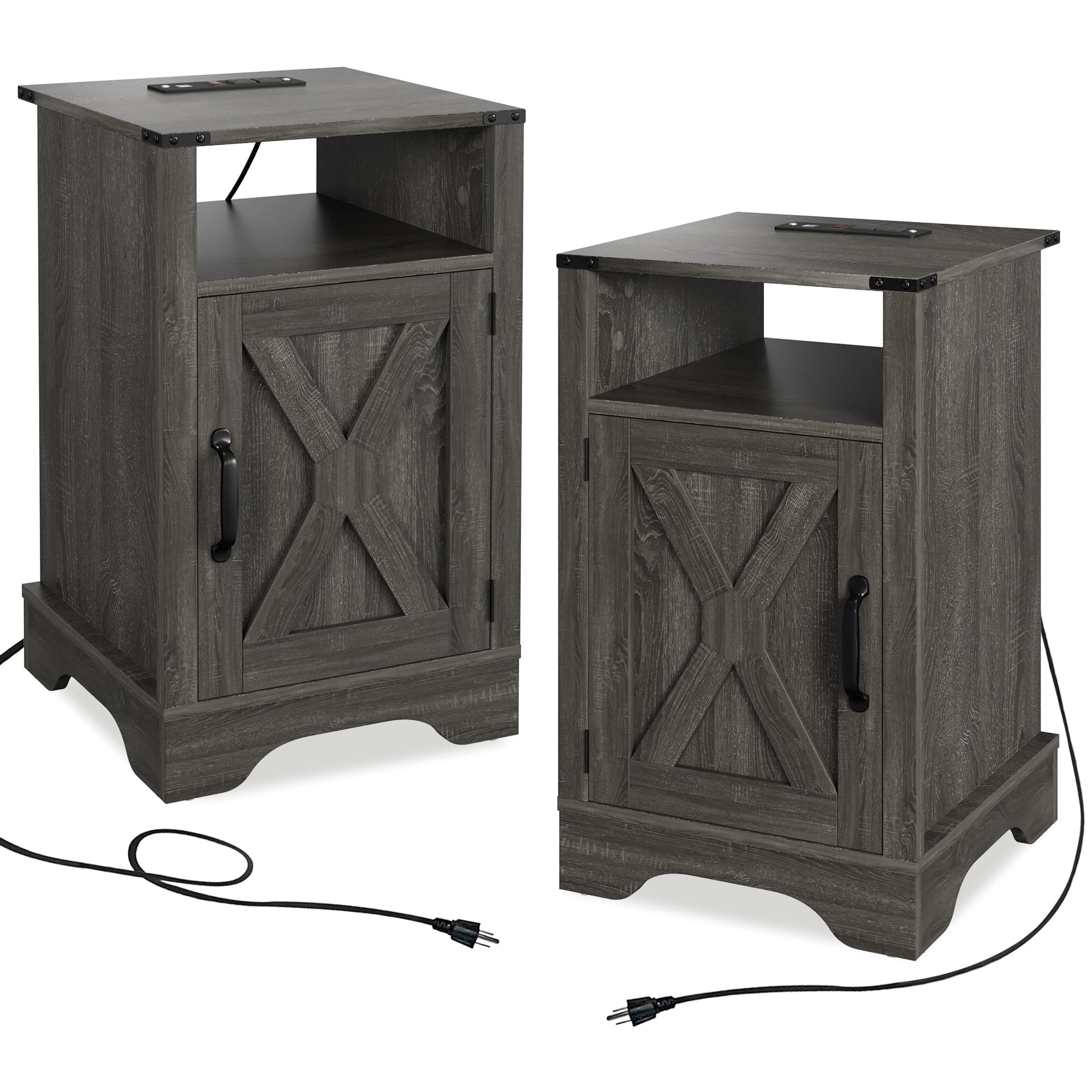 CozyHom Modern Farmhouse USB Nightstand Set of 2 With Storage Cabinet, End Side Table With Charging Station For Bedroom, Dark Grey