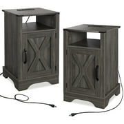 CozyHom Modern Farmhouse USB Nightstand Set of 2 With Storage Cabinet, End Side Table With Charging Station For Bedroom, Dark Grey