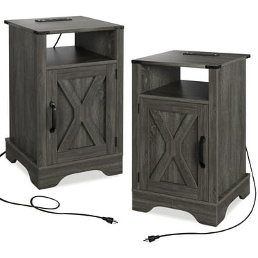 CozyHom Modern Farmhouse USB Nightstand Set of 2 With Storage Cabinet, End Side Table With Charging Station For Bedroom, Dark Grey