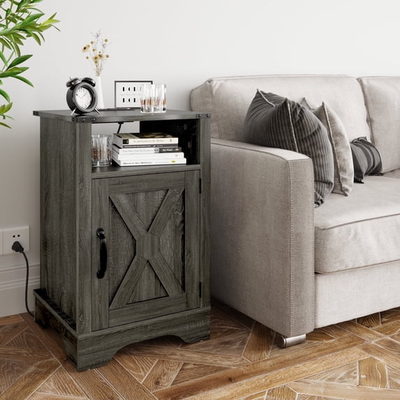 CozyHom Modern Farmhouse USB Nightstand With Charging Station, End Side Table With Charging Station&Storage Cabinet For Bedroom, Dark Grey
