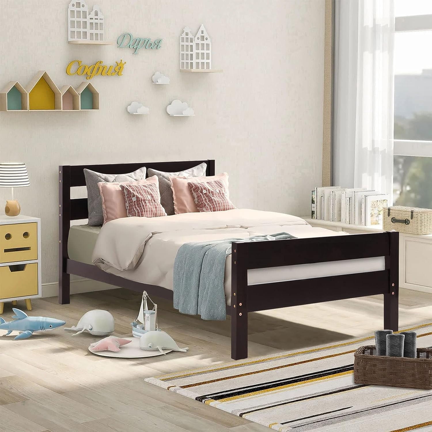 CozyHom Modern Platform Twin Size Bed for Bedroom, Solid Pine Panel Bed ...