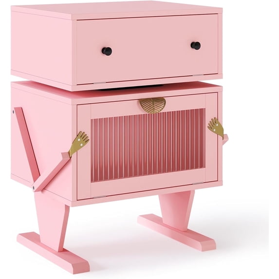 CozyHom Nightstand with LED Light Strips, Modern End Table with 360° Rotating Drawer, Bedside Table with Glass Door Storage, Wood Night Stand Cabinet for Living Room, Bedroom, Nursery, Pink