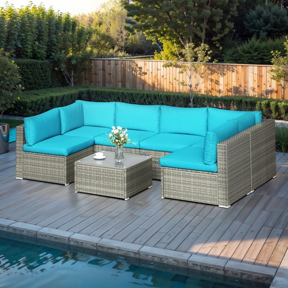 CozyHome Outdoor 7-Piece Patio Furniture Set, Wicker Patio Conversation Sets with Cushions and Coffee Table, All Weather Outdoor Modular Sectional Sofa for Porch Balcony Backyard Deck, Light Blue
