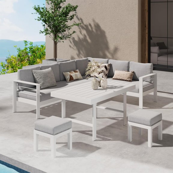 CozyHom Outdoor Patio Aluminum Furniture Sofa Set, Metal Outside Patio Furniture Conversation Sets with Dining Table&2 Ottomans Sectional Sofa Couch Seating Set with Cushion, White