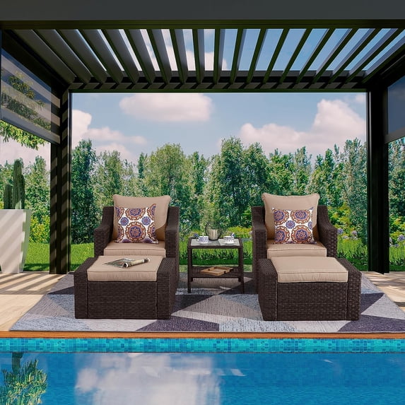 CozyHom Outdoor Patio Chairs Set Of 2 And Ottoman Rattan Conversation Sectional Sofa Sets, PE Wicker Rattan Patio Furniture Set, Patio Benches Coffee Table With Cushions, Khaki