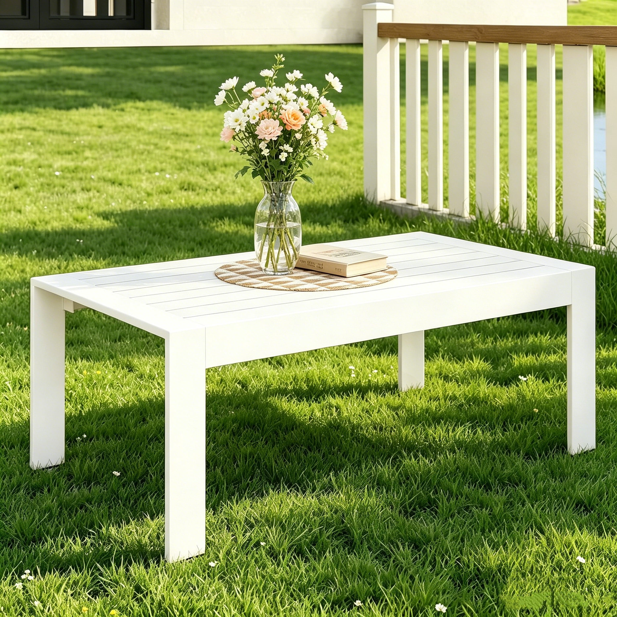 Cozyhom Patio Outdoor Coffee Table With Aluminum Leg Rectangular Metal, Patio Metal Coffee Table Outdoor Rectangular Table, White