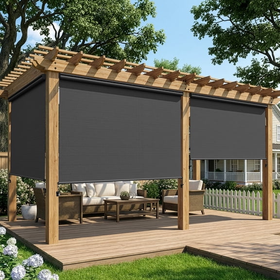 CozyHom Outdoor Roller Shades, 420GSM 95% Blackout Cordless Patio Roller Blinds with Pole, 8'Wx8'H Waterproof Blinds Roll Up for Gazebo Porch, Deck, Pergola, Black