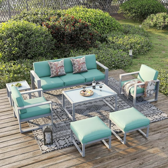 CozyHom Oversize Aluminum Patio Furniture Set, 7 Pieces Modern Outdoor Conversation Set All-Weather Metal Sectional Couch Sofa Upgraded Foam-Filled Cushions with Ottoman and Coffee Table, White