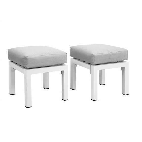 CozyHom Set of 2 Assembled Patio Outdoor Ottomans, Modern Aluminum Footstool With Cushions, Metal Furniture For Balcony Garden Deck, White.