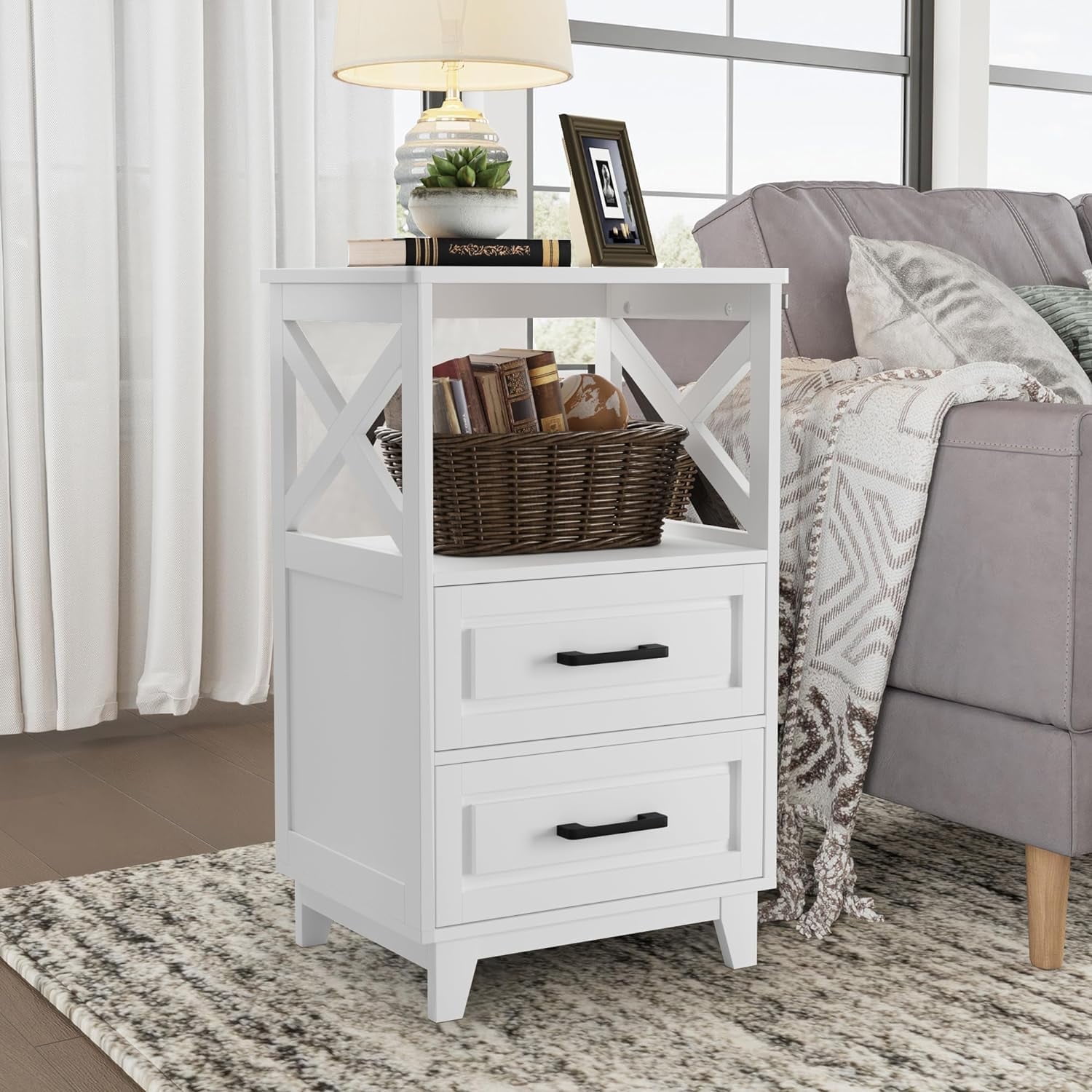 CozyHom White Nightstand Farmhouse Side Table with Storage Drawers and Open Shelf, Wooden Rustic End Table for Bedroom, Living Room, White