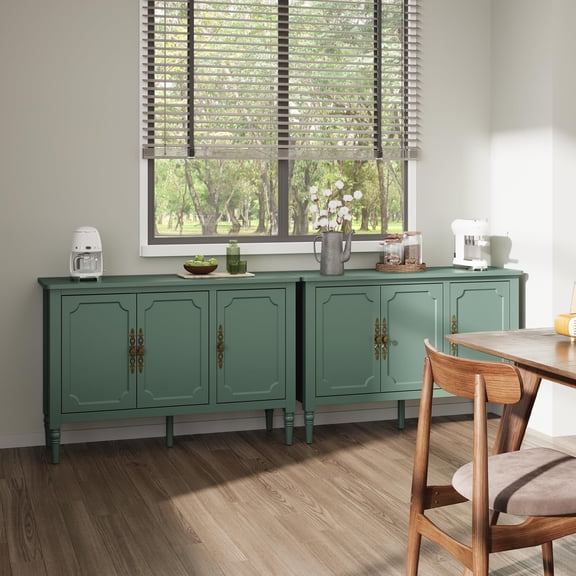 CozyHome 3-Door Storage Cabinet Set of 2 with Adjustable Shelves, Accent Sideboard Cabinet with Turned Legs, Wood Pantry Cabinet, Buffet Cabinet for Entryway, Living Room, Dining Room, Green