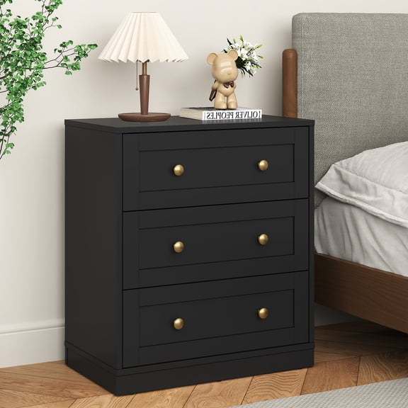CozyHome 3-Drawer Bedside Table, Modern Wooden Nightstand with Gold Knobs, Functional Accent Cabinet for Bedroom or Living Room