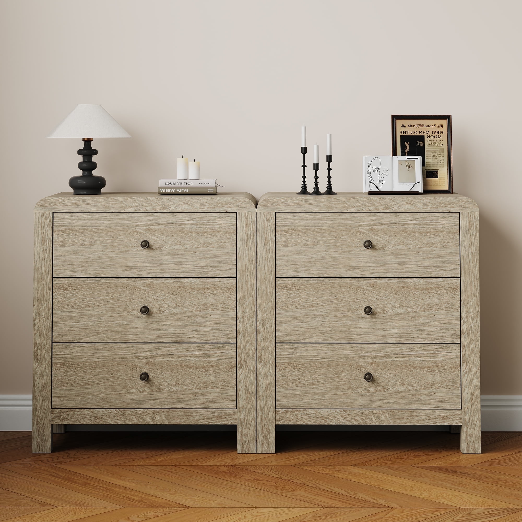 Cozy Home 3 Drawer Dresser Set of 2, Modern Chest of Drawers with Rounded Table Corners, Wooden Closet Dresser Nightstand with Ample Storage Space for Bedroom, Living Room, Entryway, Natural Oak