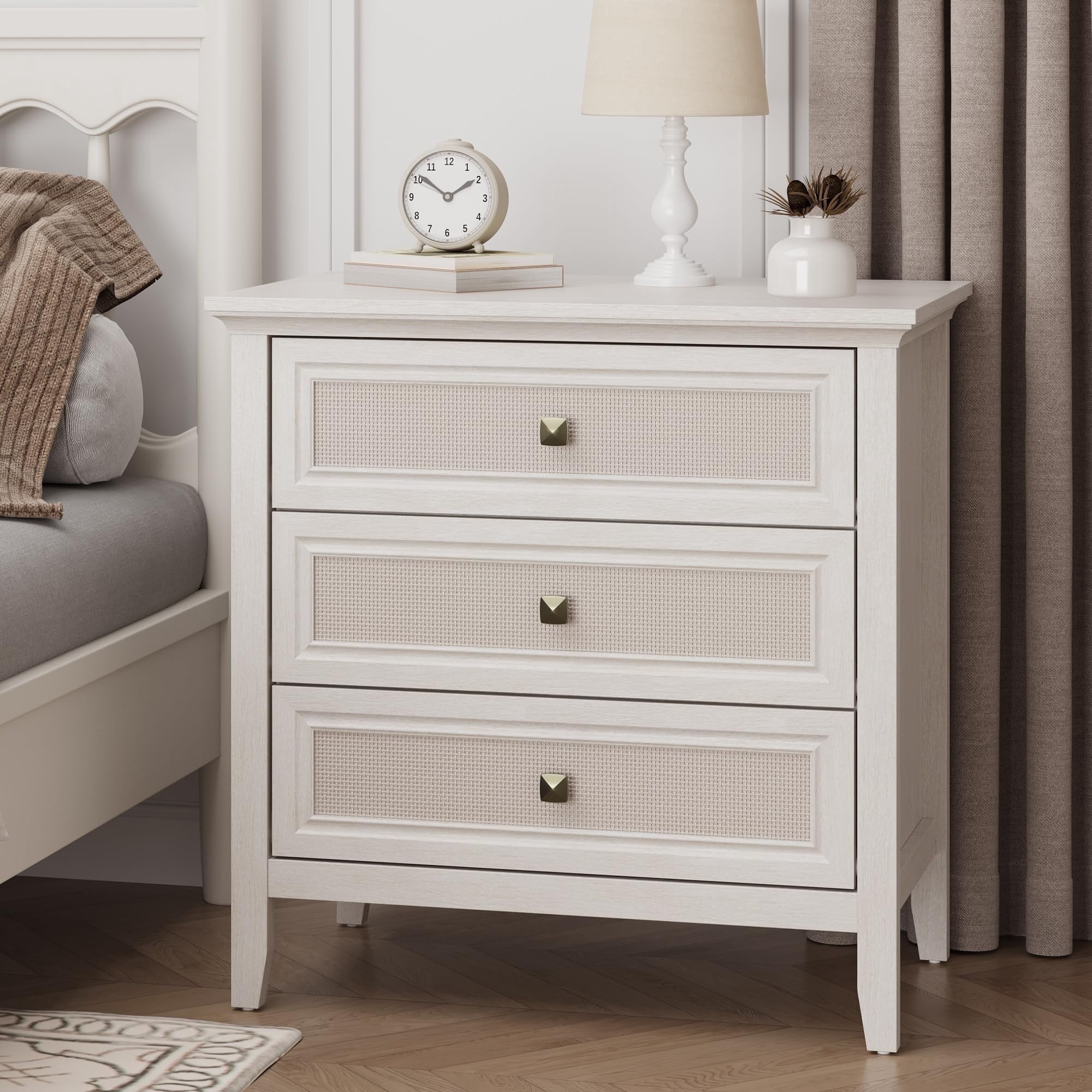 CozyHome 3 Drawer Nightstand, Rattan Dresser Table with Cane Drawers, Tall Boho Bedside Table Cabinet for Bedroom, Living Room, Entryway, Hallway, Grayish White