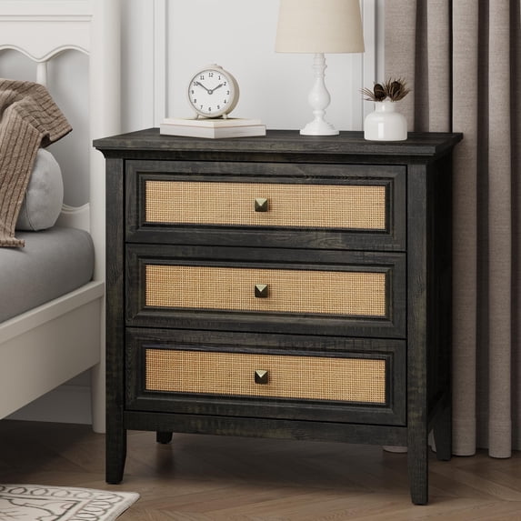 CozyHome 3 Drawer Nightstand, Rattan Dresser with Cane Drawers, Tall Boho Bedside Table for Bedroom, Living Room, Entryway, Hallway, Grey