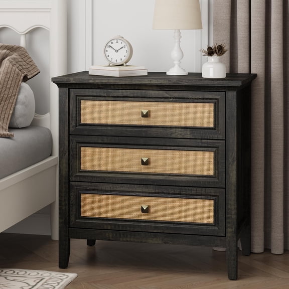 CozyHome 3 Drawer Nightstand, Rattan Dresser with Cane Drawers, Tall Boho Bedside Table for Bedroom, Living Room, Entryway, Hallway, Grey