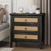 CozyHome 3 Drawer Nightstand, Rattan Dresser with Cane Drawers, Tall Boho Bedside Table for Bedroom, Living Room, Entryway, Hallway, Grey