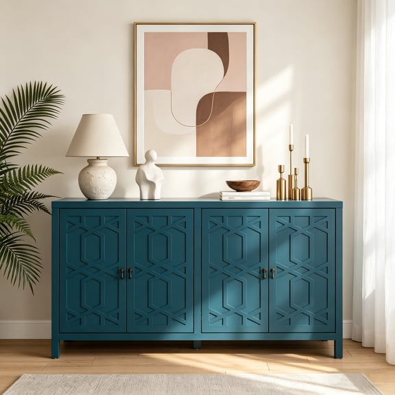 CozyHome 4-Door Sideboard with Adjustable Shelves, 60" Modern Buffet Server Console Table, Accent Storage Cabinet for Entryway, Living Room, Dining Room, Bedroom, Blue