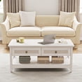 thumbnail image 1 of CozyHome 44" Rattan Farmhouse Coffee Table, Boho 2 Tier Tea Table with 2 Drawers, Accent Center Sofa Table for Living Room, Hallway, Grayish White, 1 of 7