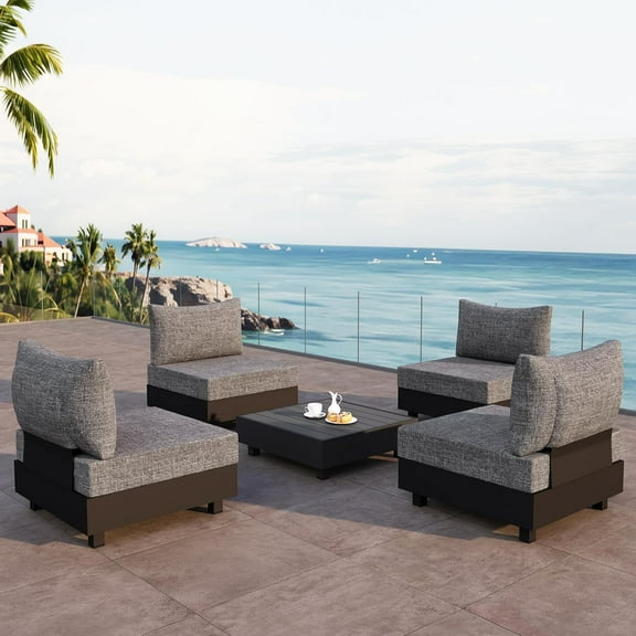 CozyHome 5 Pieces Aluminum Patio Furniture Set, Outdoor Sectional Sofa Conversation Sets with Coffee Table, Modular Armless Chairs Set for Pool Garden Balcony Porch, Grey