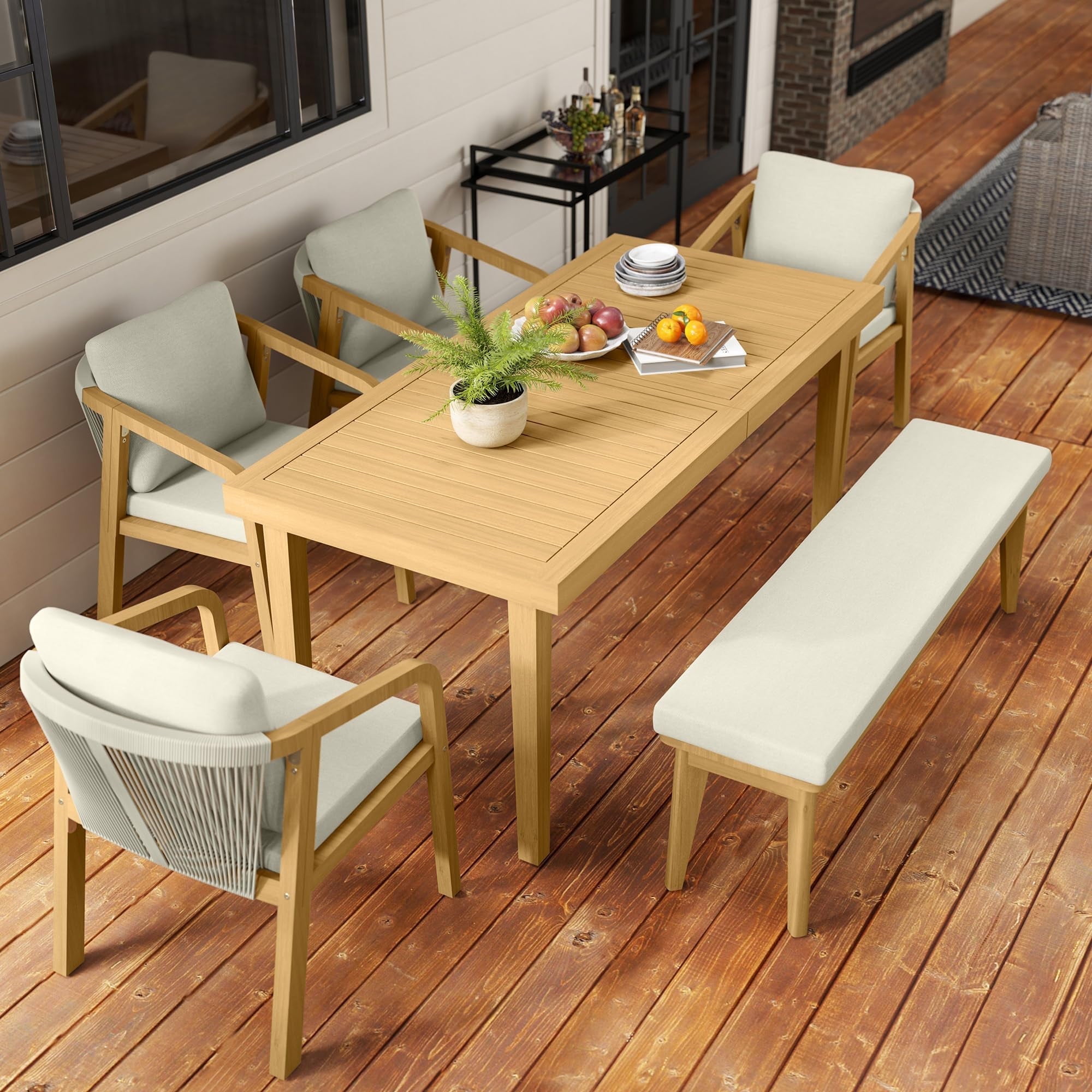 CozyHome 6-Piece Patio Dining Set, Acacia Wood Dining Table, Bench, and Chairs, All-Weather ...