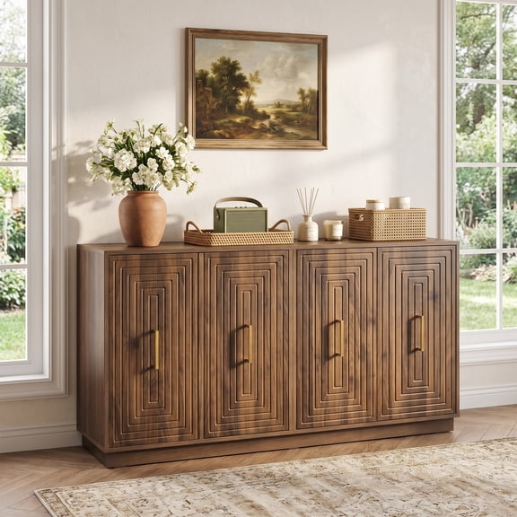 CozyHome 60'' Large Buffet Cabinet with Storage, Fluted Sideboard with Doors and Adjustable Shelves, Wood Credenzas Console Table, Coffee Bar Cabinet for Kitchen, Dining Room, Living Room, Brown