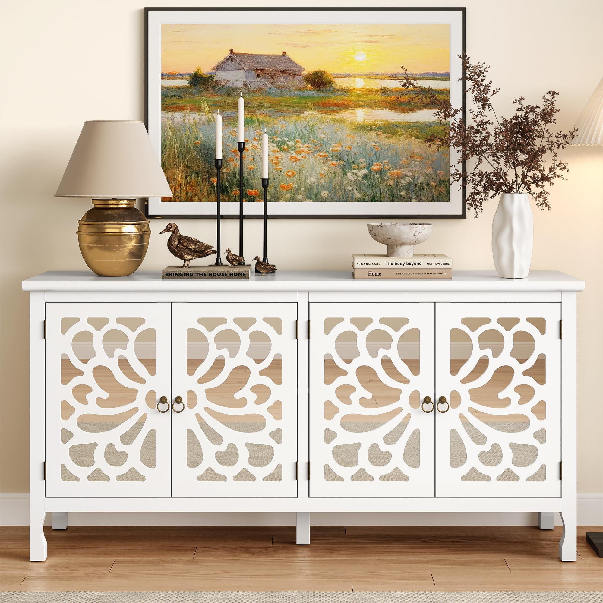 CozyHome 63" Carved Buffet Cabinet with Mirrored Door, Modern Console Cabinet with Storage and Adjustable Shelves, Wood Media Cabinet for Entryway, Living Room, Bedroom, Dining Room, Bathroom (White)