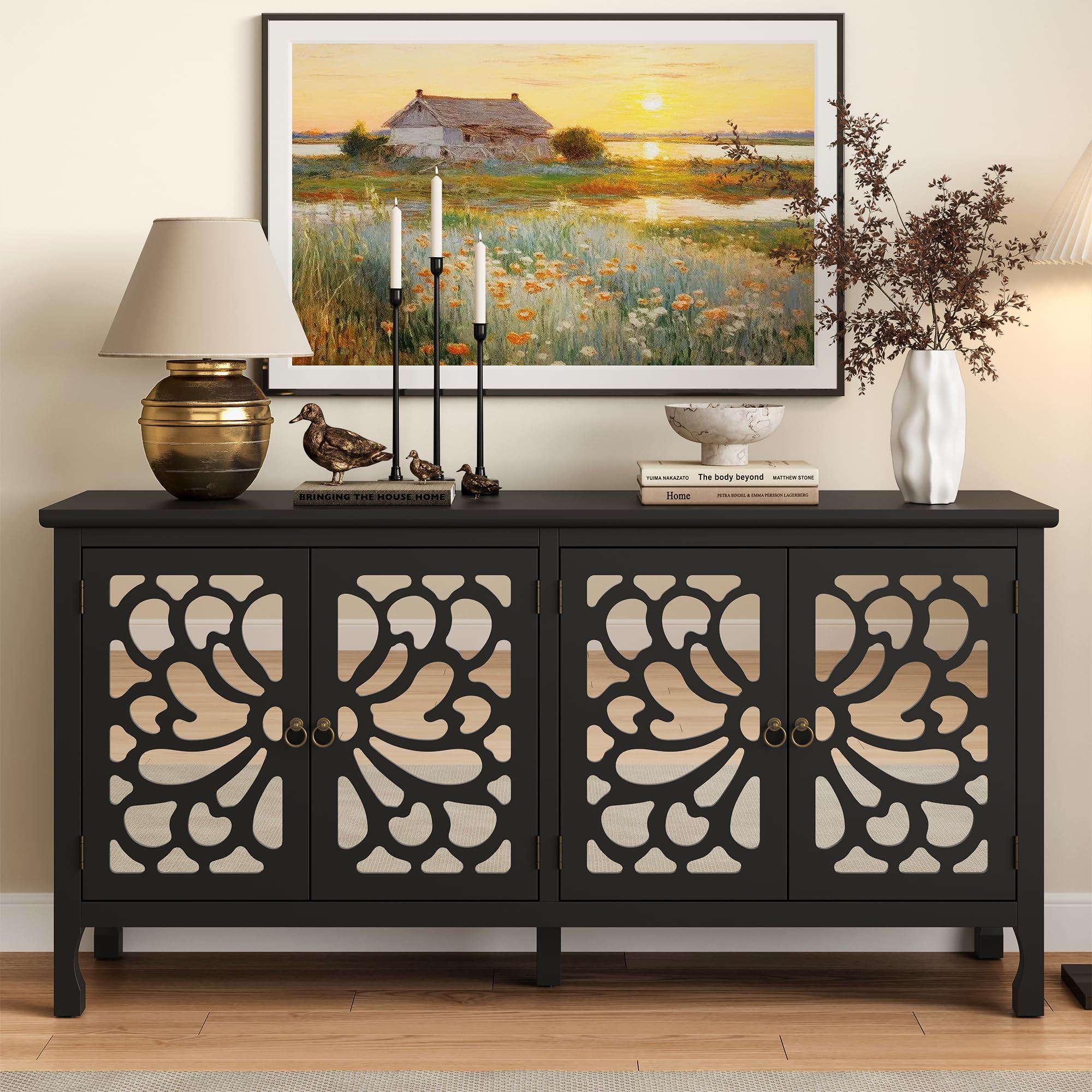 CozyHome 63" Carved Buffet Cabinet with Mirrored Door, Modern Console Cabinet with Storage and Adjustable Shelves, Wood Media Cabinet for Entryway, Living Room, Bedroom, Dining Room, Bathroom (Black)
