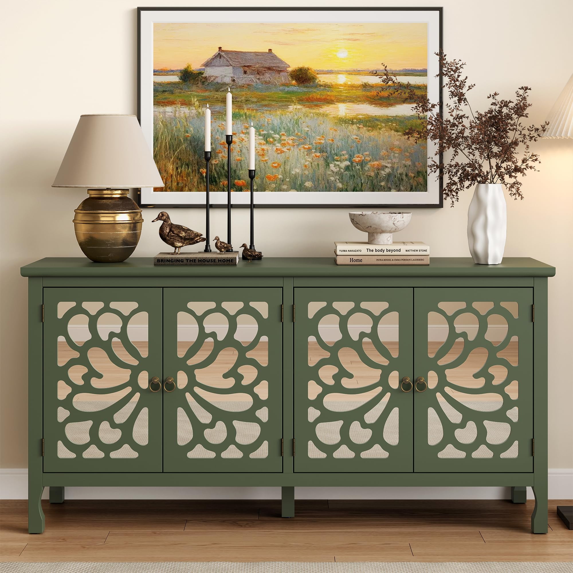 CozyHome 63" Carved Buffet Cabinet with Mirrored Door, Modern Console Cabinet with Storage and Adjustable Shelves, Wood Media Cabinet for Entryway, Living Room, Bedroom, Dining Room, Bathroom (Green)