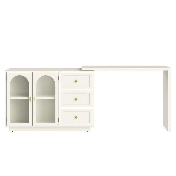 CozyHome 83" Extendable Corner Vanity Desk with Rotatable Tabletop, Oversized White Makeup Vanity Table for Women Girls, 3 Drawer & 2 Door, Vanity Dresser for Apartment, Dorm, Study Room, Home Office