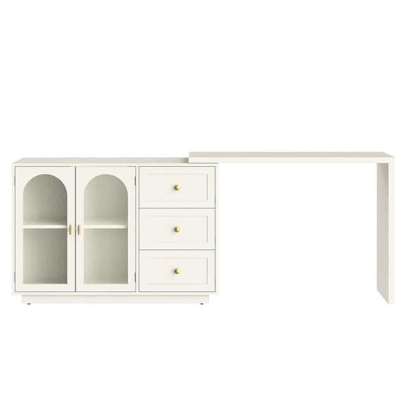 CozyHome 83" Extendable Corner Vanity Desk with Rotatable Tabletop, Oversized White Makeup Vanity Table for Women Girls, 3 Drawer & 2 Door, Vanity Dresser for Apartment, Dorm, Study Room, Home Office