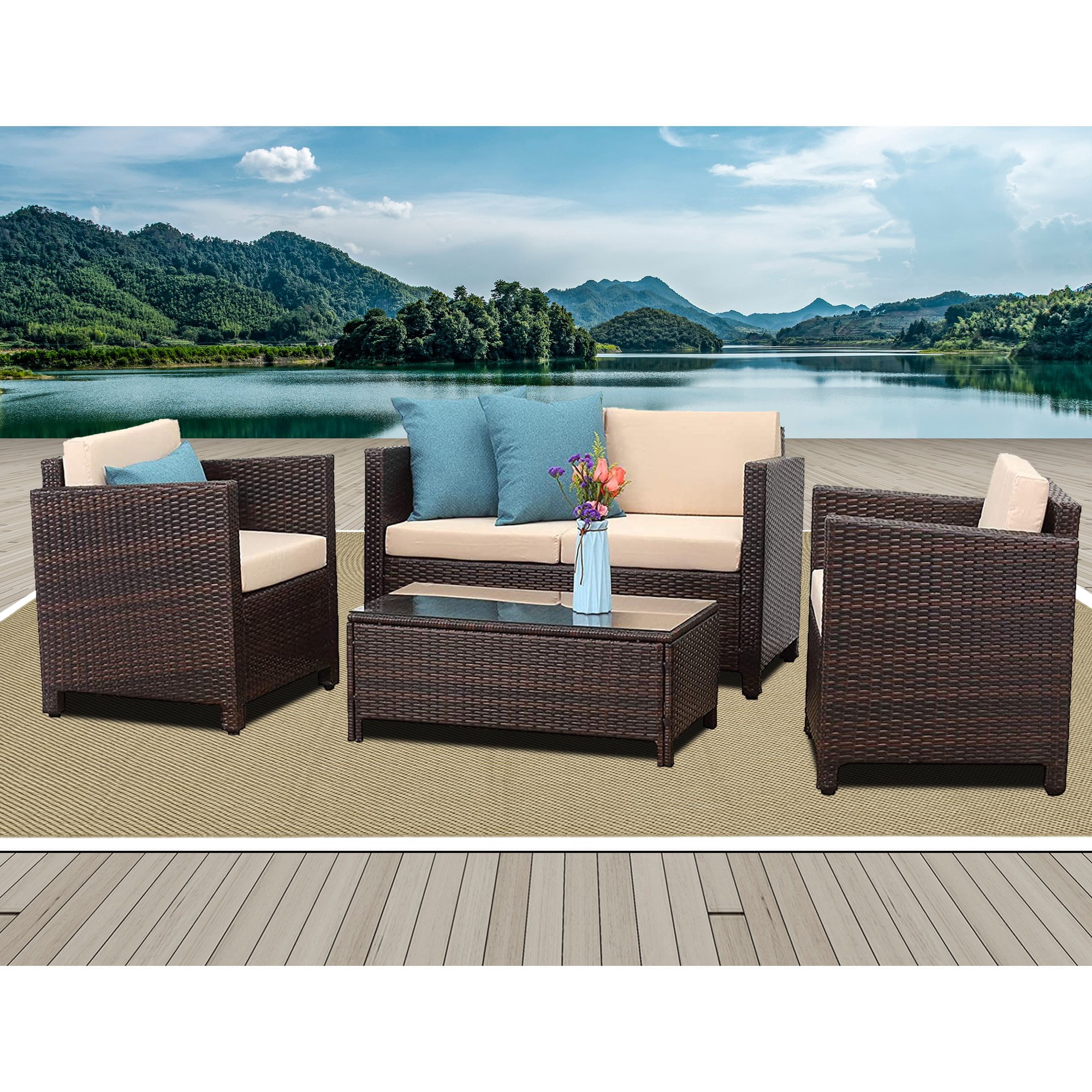 CozyHome All Weather Wicker Sectional Dining Sectional Sofa Lounger