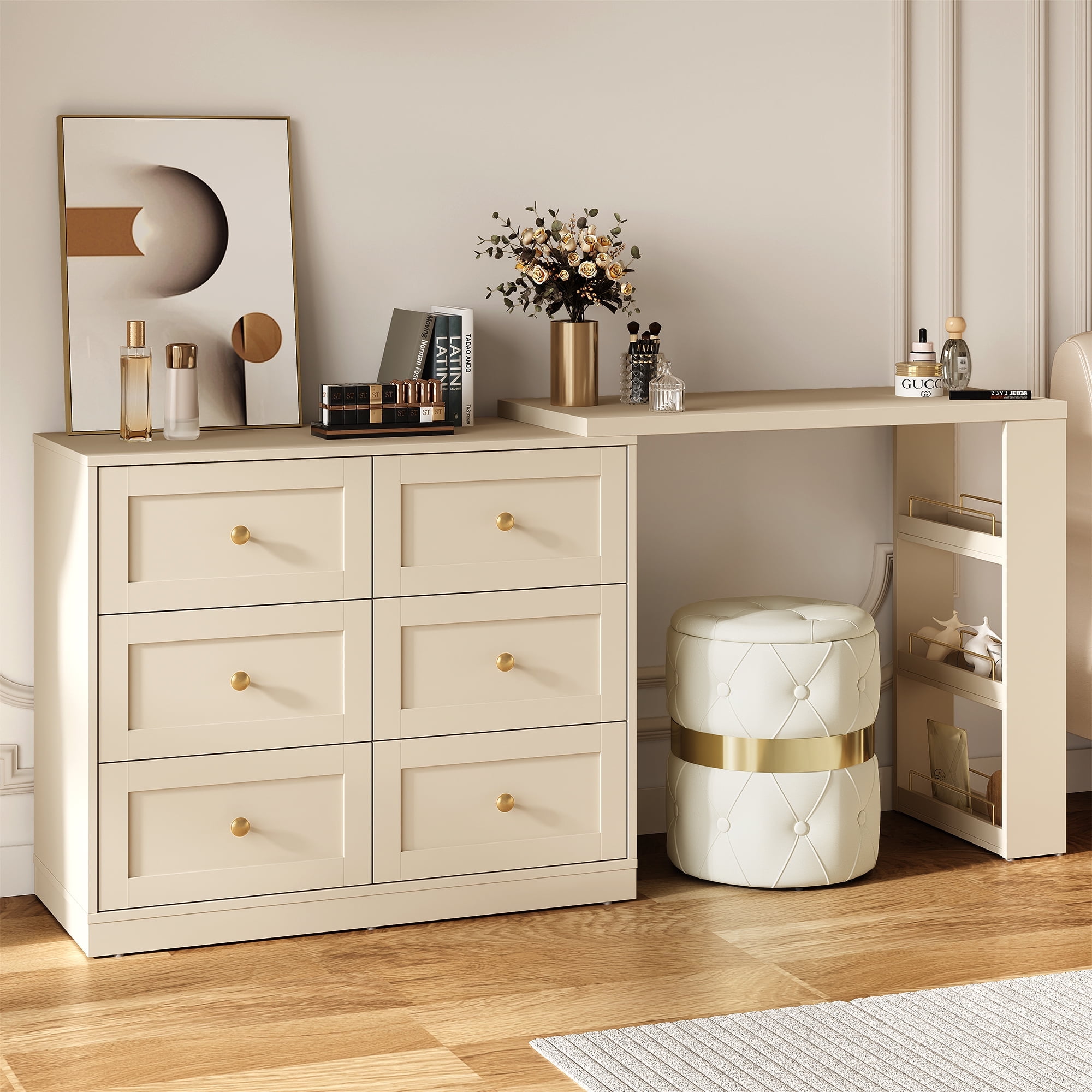 dressing table beige Nordic Light Luxury Beige Gold Edge Adjustable Make-up Vanity Dressing Table - Vanity, Dressing Table