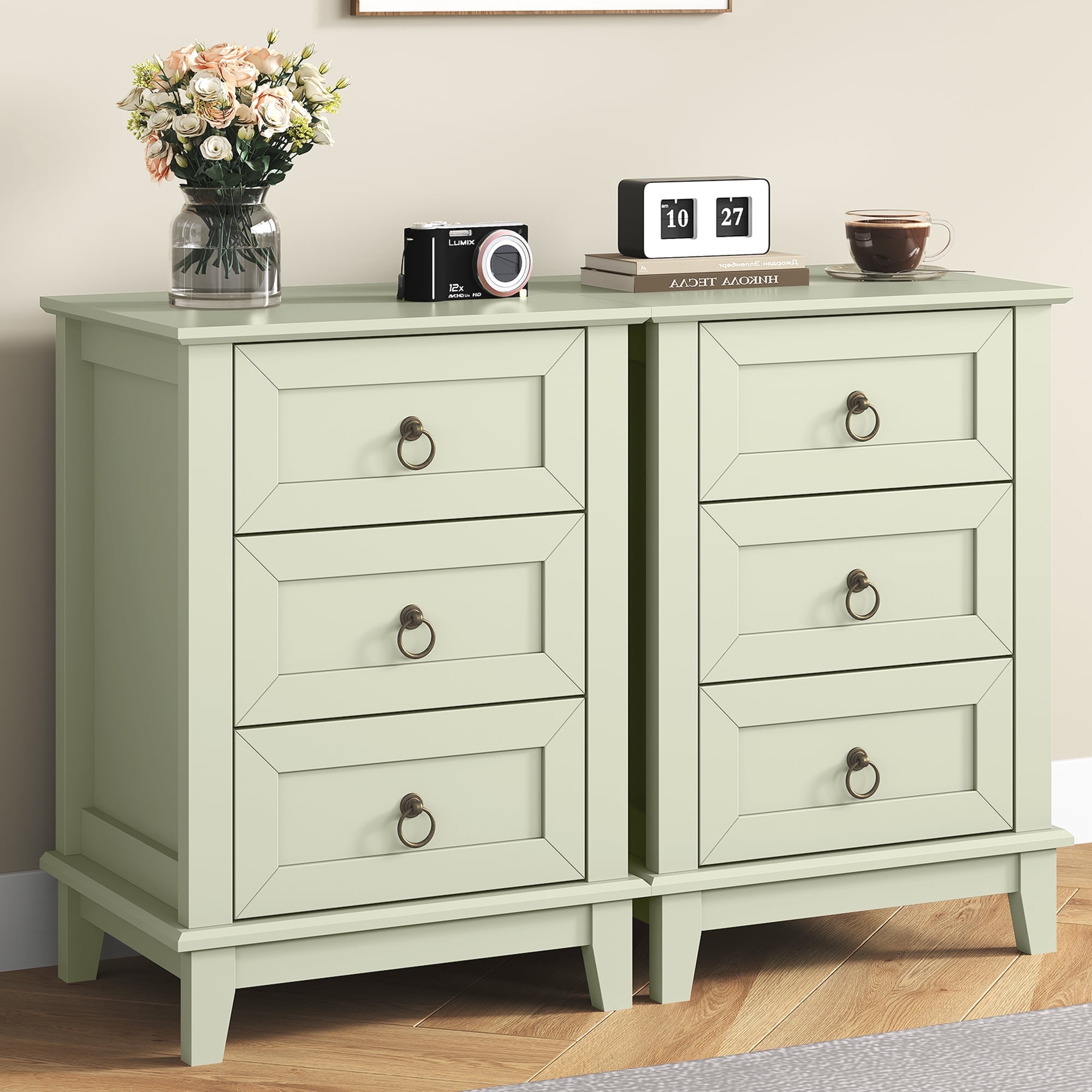 CozyHome Beige Nightstand Set of 2: Slim 3-Drawer Tall Wood Dressers, Space-Saving Bedside Tables for Small Rooms, Bedroom, or Dorm
