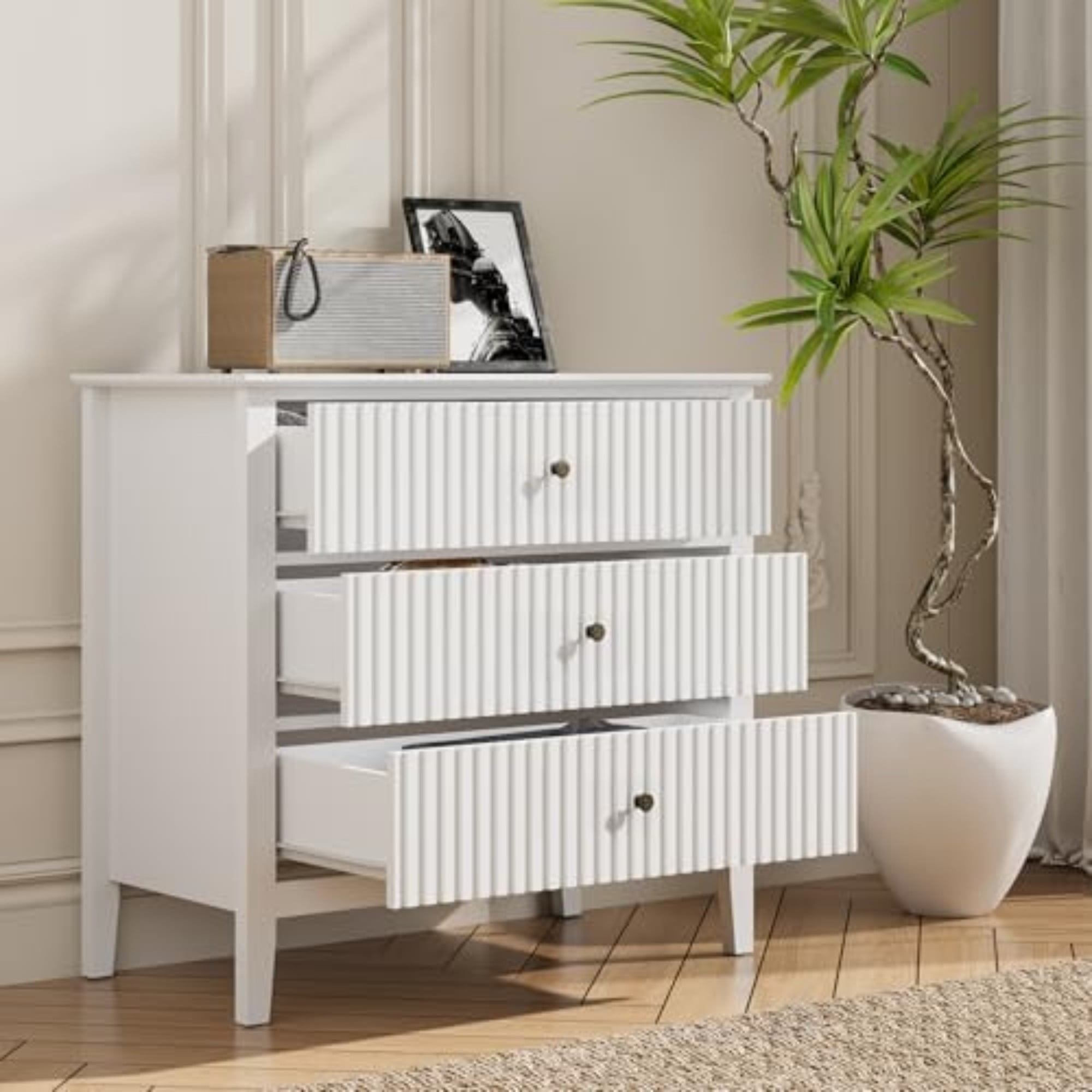 White 3-Drawer Vertical Wood Dresser with Ball Bearing Slides