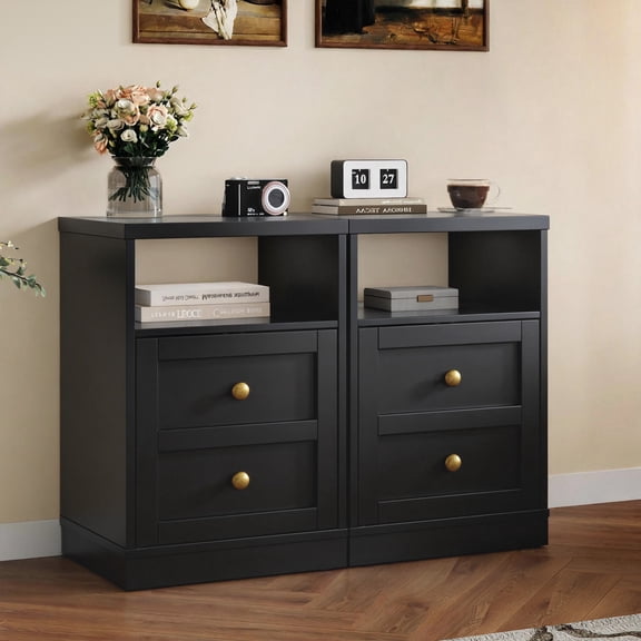 CozyHome Black Nightstand with Storage Shelf & Door, Faux Drawer Design End Table, Compact Side Table for Bedrooms, Dorm Rooms & Small Spaces, Set of 2