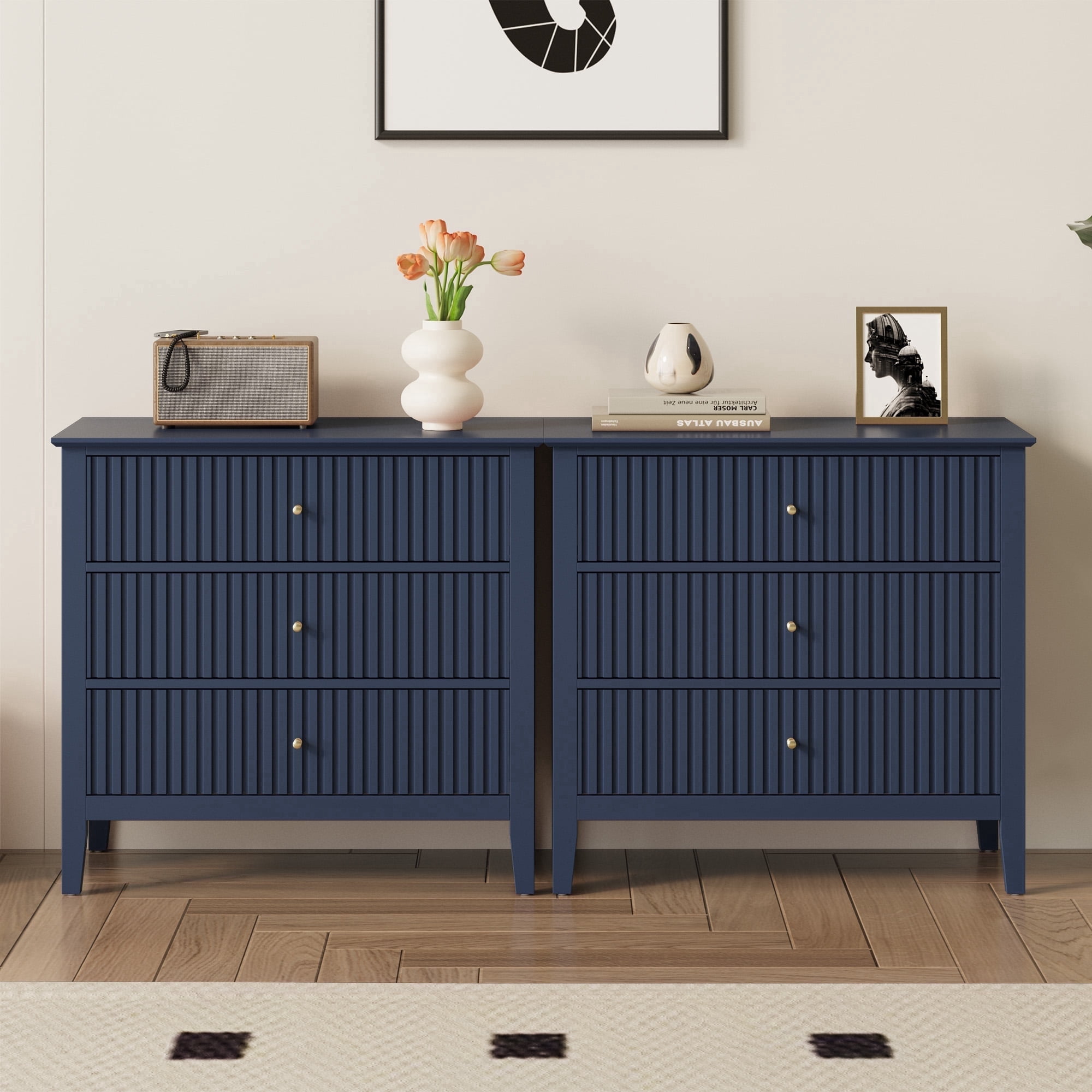 Cozy Home Blue 3 Drawer Dresser Set of 2, Painted Tall Wood Nightstand with  Storage, for Bedroom Hallway Living Room Entryway Office - Walmart.com