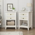 thumbnail image 1 of CozyHome Boho Rattan Wood Accent Nightstand with Drawer Set of 2, 27" Tall End Table with Storage, Grayish White Bedside Table, Chairside Couch Coffee Table Nursery Living Room Bedroom Furniture, 1 of 9