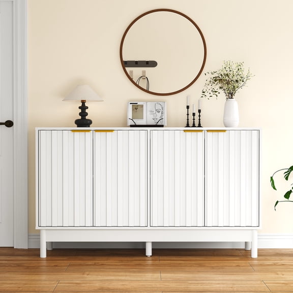 CozyHome Buffet Cabinet with Storage, Fluted Sideboard with Doors and Adjustable Shelves, Wood Credenzas Console Table, Coffee Bar Cabinet for Kitchen, Dining Room, Living Room, White